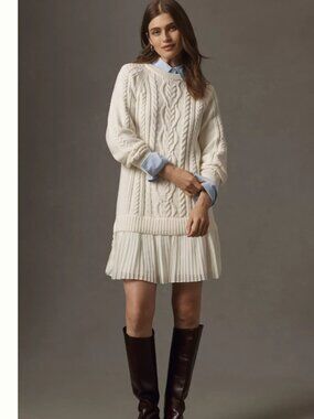 NWT By Anthropologie The Delphine Sweater Twofer Mini Dress Eggnog Size M